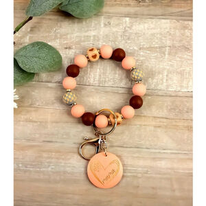 Mama Pink Brown Beaded Wristlet Keychain